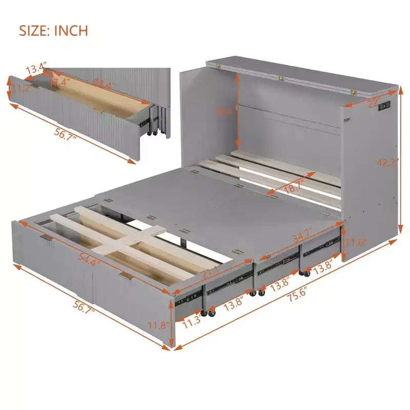 Lit escamotable double avec tiroir, prises et ports USB, conception à structure de poulie