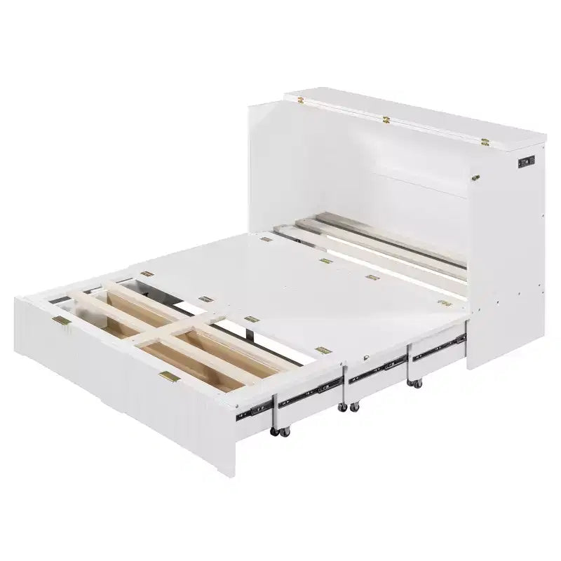 Lit escamotable double avec tiroir, prises et ports USB, conception à structure de poulie
