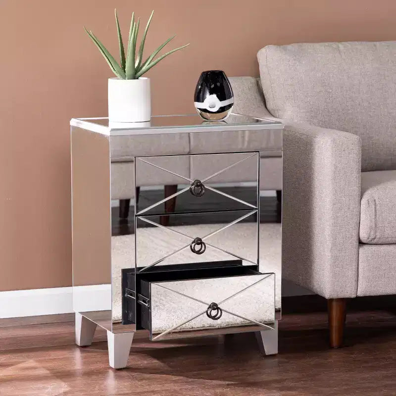 Table d'appoint miroir avec 3 tiroirs, Argent