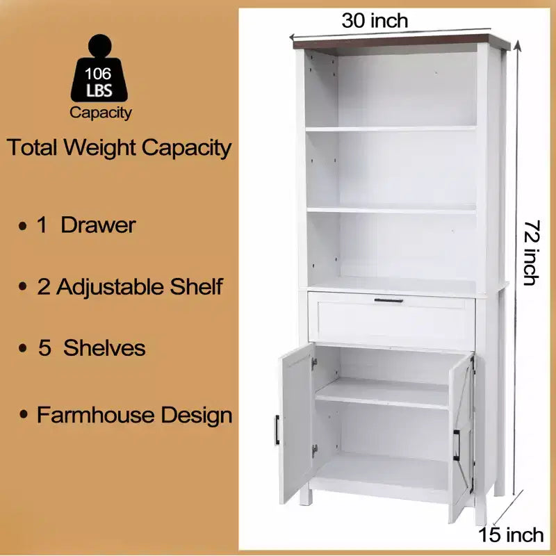 Bibliothèque basse avec portes, bibliothèque de ferme à 6 roulettes avec tiroirs et étagères réglables pour bureau, salon, chambre.