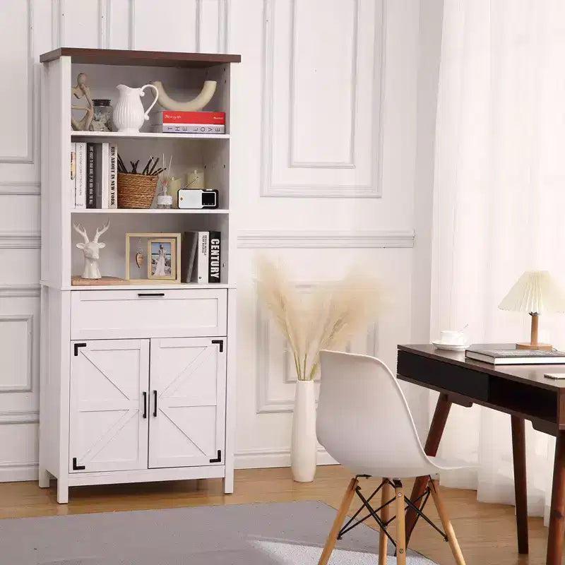 Bibliothèque basse avec portes, bibliothèque de ferme à 6 roulettes avec tiroirs et étagères réglables pour bureau, salon, chambre.