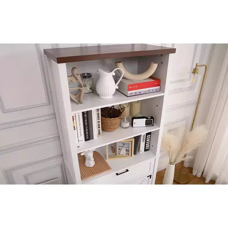 Bibliothèque basse avec portes, bibliothèque de ferme à 6 roulettes avec tiroirs et étagères réglables pour bureau, salon, chambre.