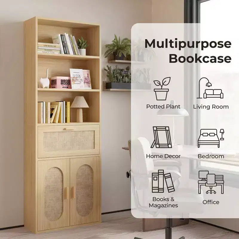 Vitrine en rotin beige H 180 cm, 3 étagères 1 tiroir 2 portes