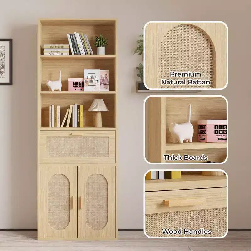 Vitrine en rotin beige H 180 cm, 3 étagères 1 tiroir 2 portes
