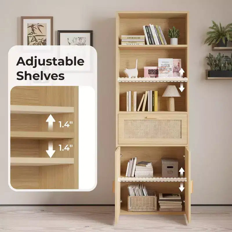 Vitrine en rotin beige H 180 cm, 3 étagères 1 tiroir 2 portes