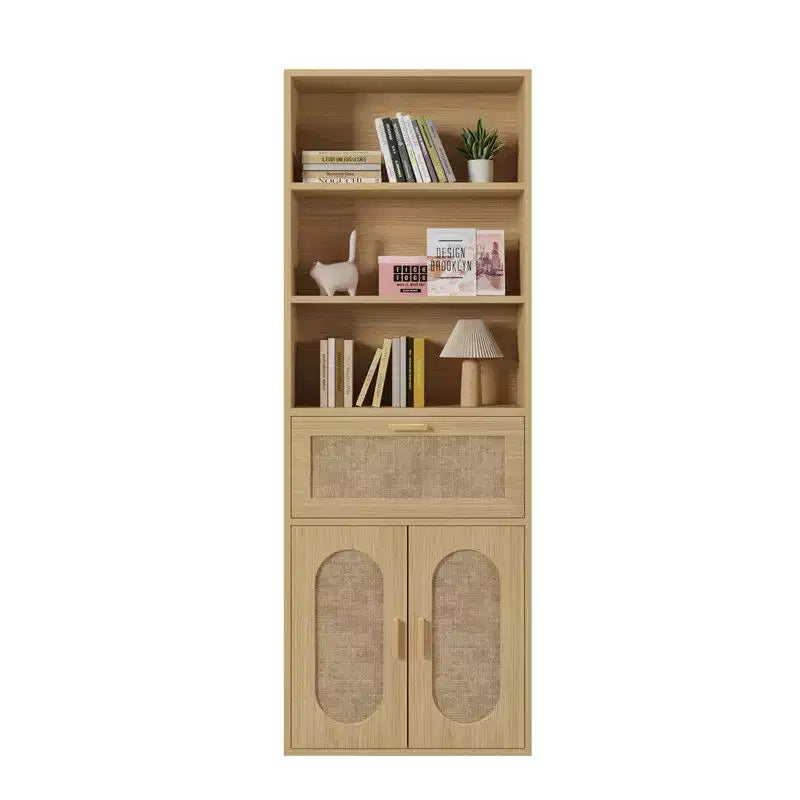 Vitrine en rotin beige H 180 cm, 3 étagères 1 tiroir 2 portes