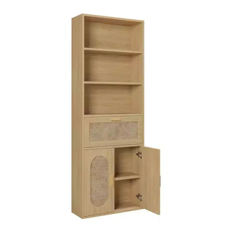Vitrine en rotin beige H 180 cm, 3 étagères 1 tiroir 2 portes