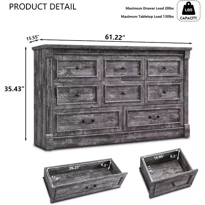 Commode de ferme à 8 tiroirs et pieds à colonnes romaines, meuble de rangement rustique pour chambre à coucher