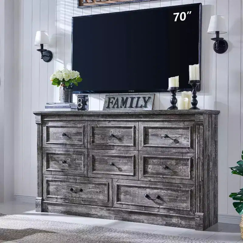 Commode de ferme à 8 tiroirs et pieds à colonnes romaines, meuble de rangement rustique pour chambre à coucher