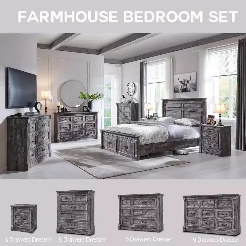 Commode de ferme à 8 tiroirs et pieds à colonnes romaines, meuble de rangement rustique pour chambre à coucher