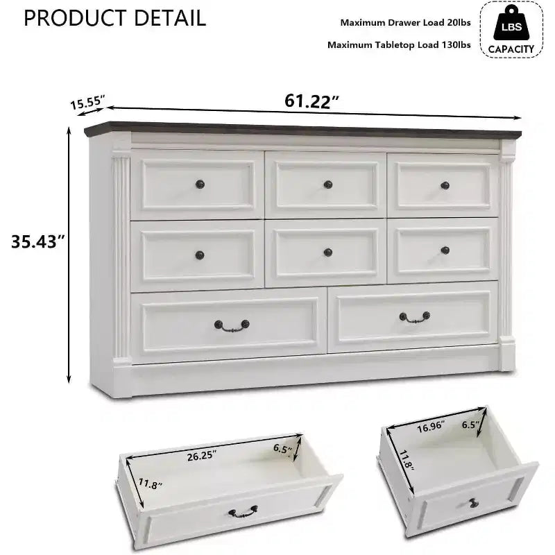 Commode de ferme à 8 tiroirs et pieds à colonnes romaines, meuble de rangement rustique pour chambre à coucher