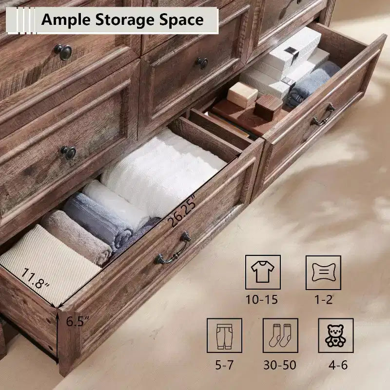 Commode de ferme à 8 tiroirs et pieds à colonnes romaines, meuble de rangement rustique pour chambre à coucher