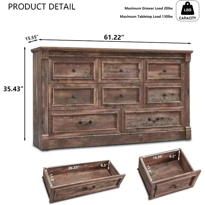 Commode de ferme à 8 tiroirs et pieds à colonnes romaines, meuble de rangement rustique pour chambre à coucher