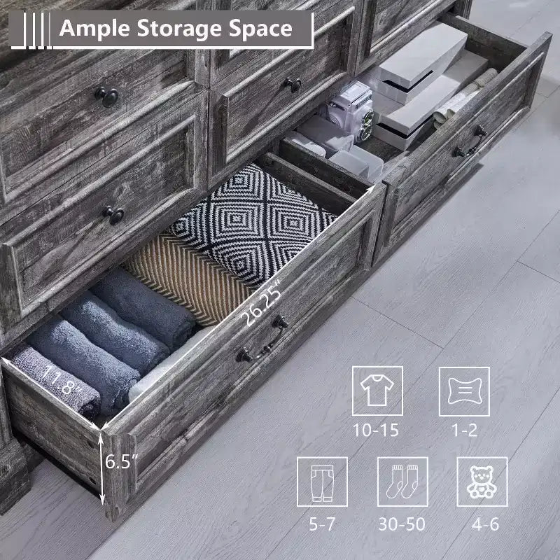 Commode de ferme à 8 tiroirs et pieds à colonnes romaines, meuble de rangement rustique pour chambre à coucher
