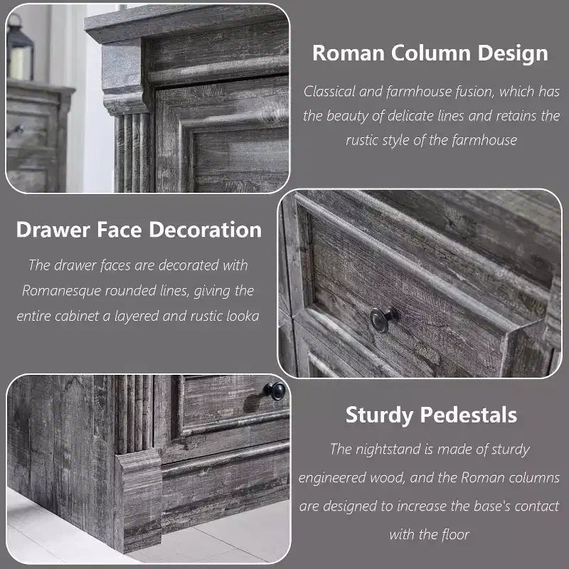Commode de ferme à 8 tiroirs et pieds à colonnes romaines, meuble de rangement rustique pour chambre à coucher