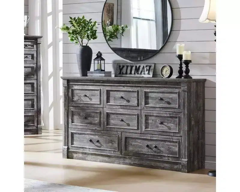 Commode de ferme à 8 tiroirs et pieds à colonnes romaines, meuble de rangement rustique pour chambre à coucher