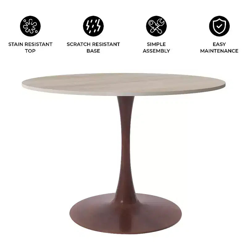 Table à manger ronde avec plateau en pierre frittée et piètement central en noyer et acier