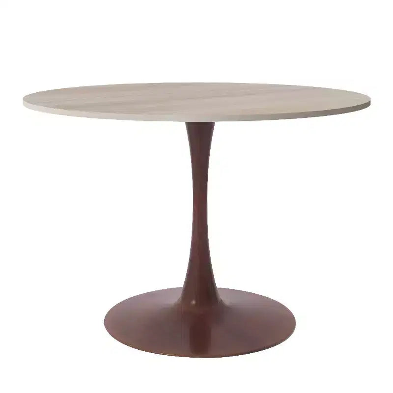 Table à manger ronde avec plateau en pierre frittée et piètement central en noyer et acier
