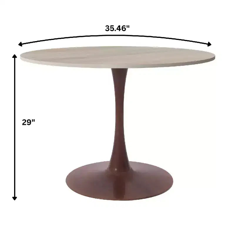Table à manger ronde avec plateau en pierre frittée et piètement central en noyer et acier