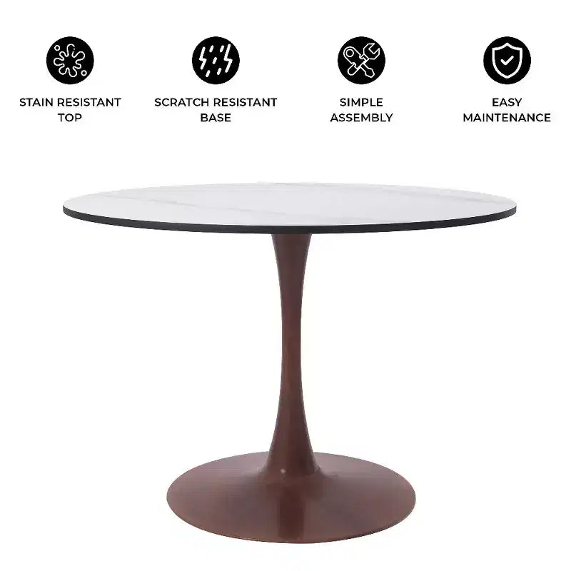 Table à manger ronde avec plateau en pierre frittée et piètement central en noyer et acier