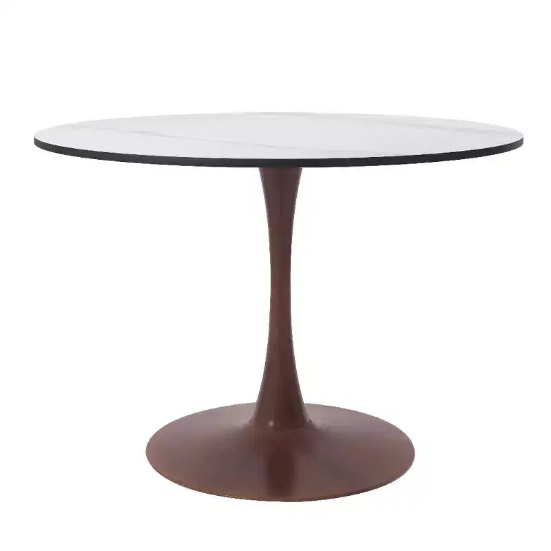 Table à manger ronde avec plateau en pierre frittée et piètement central en noyer et acier