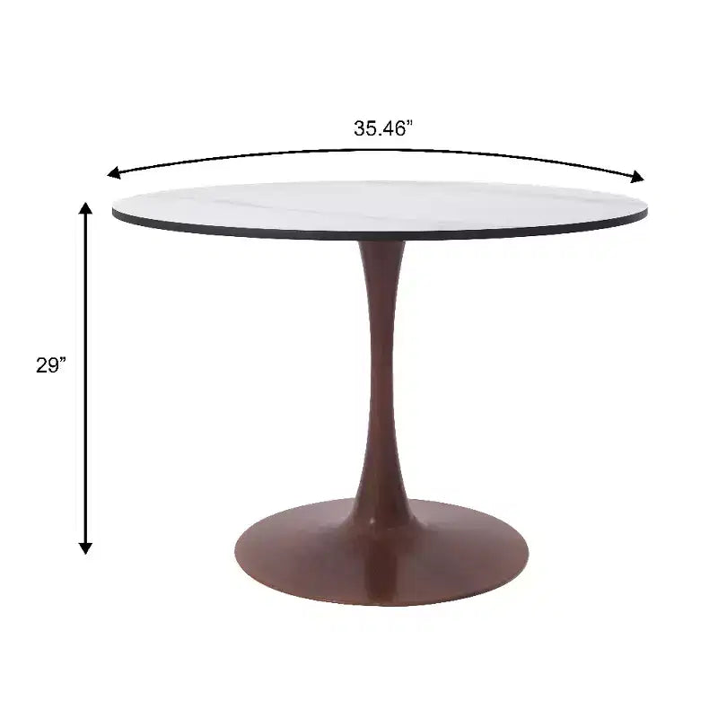 Table à manger ronde avec plateau en pierre frittée et piètement central en noyer et acier