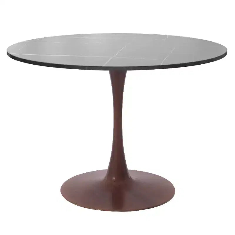 Table à manger ronde avec plateau en pierre frittée et piètement central en noyer et acier