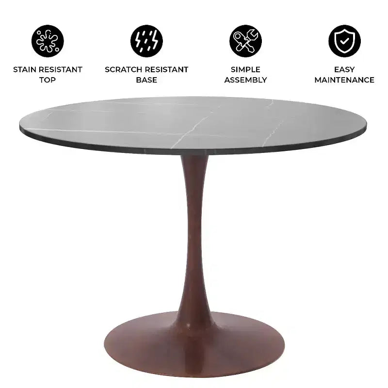 Table à manger ronde avec plateau en pierre frittée et piètement central en noyer et acier