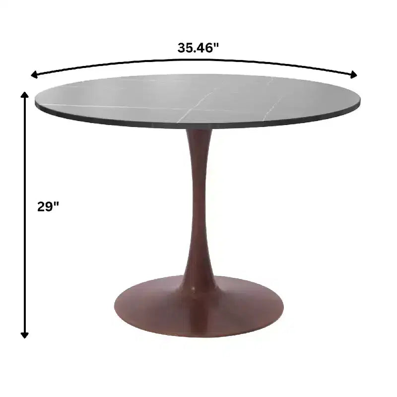 Table à manger ronde avec plateau en pierre frittée et piètement central en noyer et acier