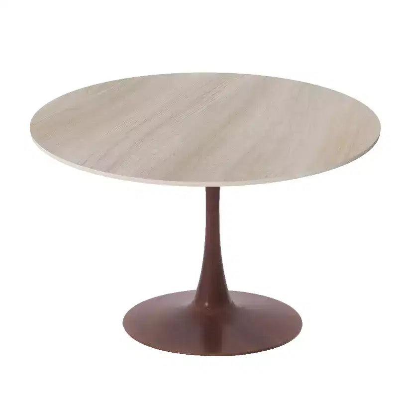 Table à manger ronde avec plateau en pierre frittée et piètement central en noyer et acier