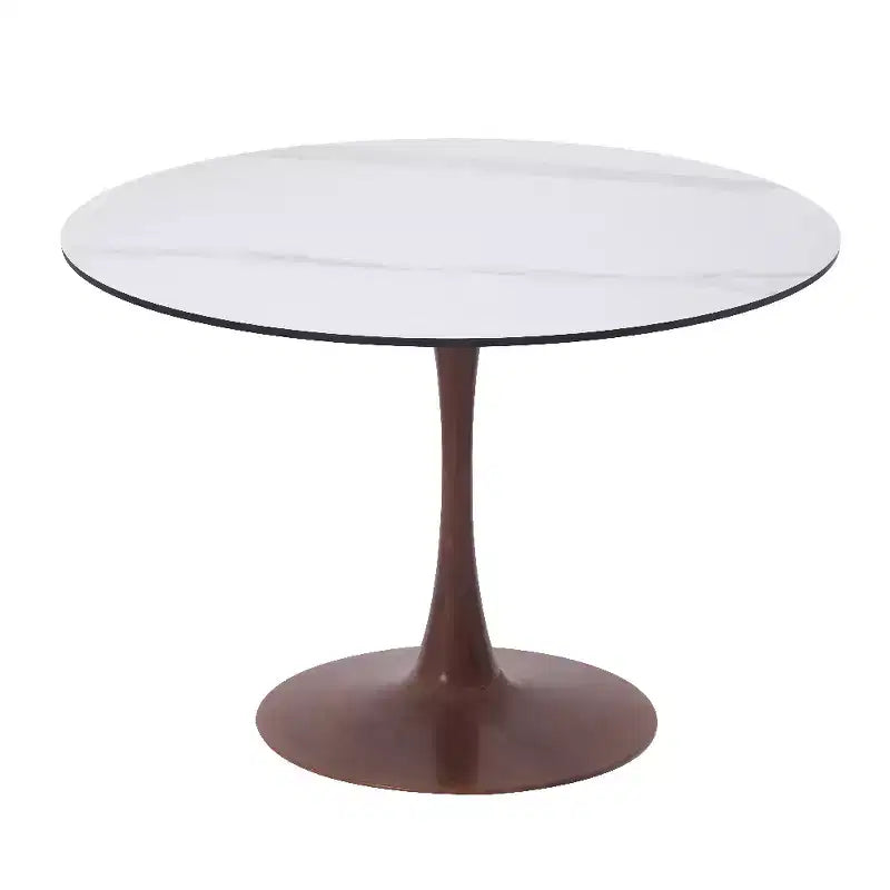 Table à manger ronde avec plateau en pierre frittée et piètement central en noyer et acier