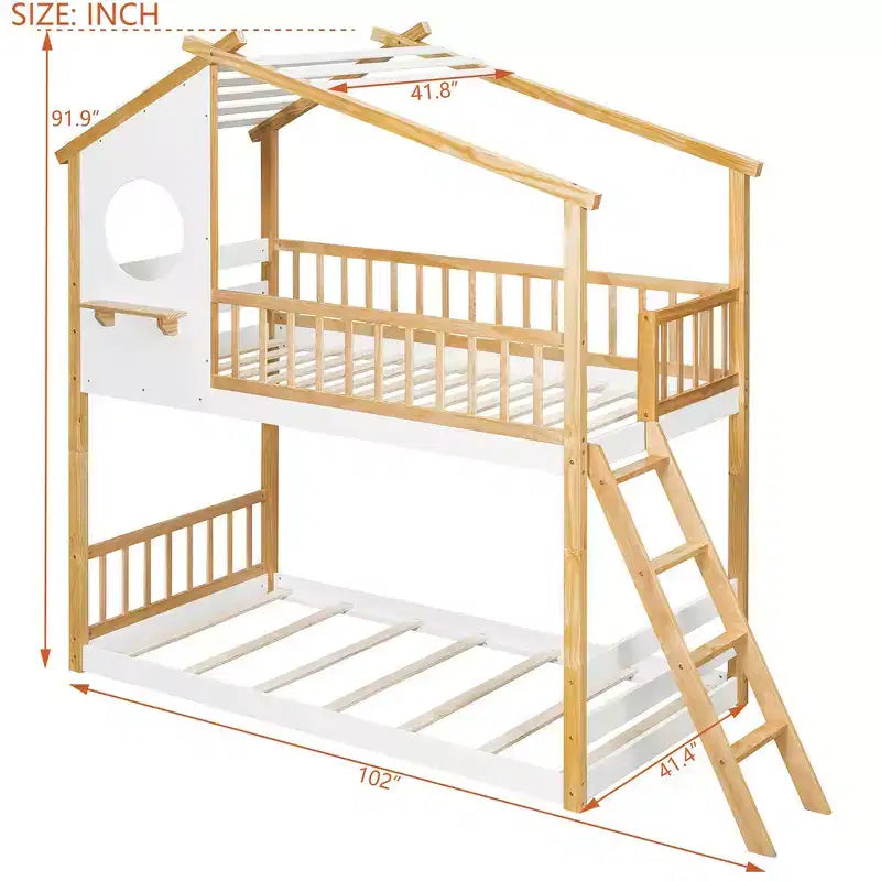 Lit superposé cabane jumeau sur jumeau avec toit, échelle sécurisée et rampes, pin naturel