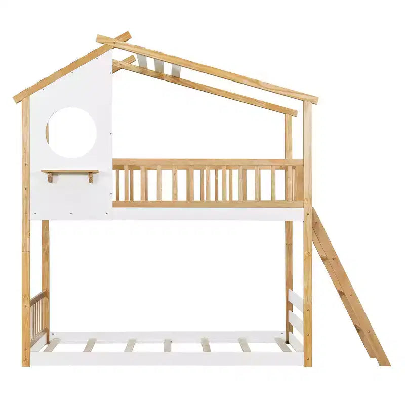 Lit superposé cabane jumeau sur jumeau avec toit, échelle sécurisée et rampes, pin naturel