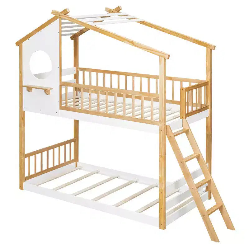Lit superposé cabane jumeau sur jumeau avec toit, échelle sécurisée et rampes, pin naturel
