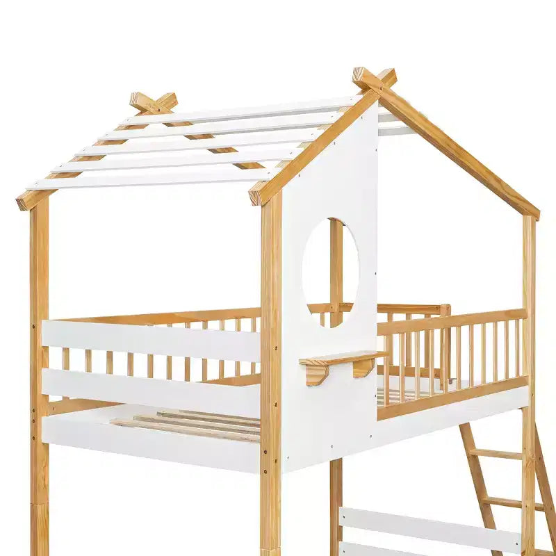 Lit superposé cabane jumeau sur jumeau avec toit, échelle sécurisée et rampes, pin naturel