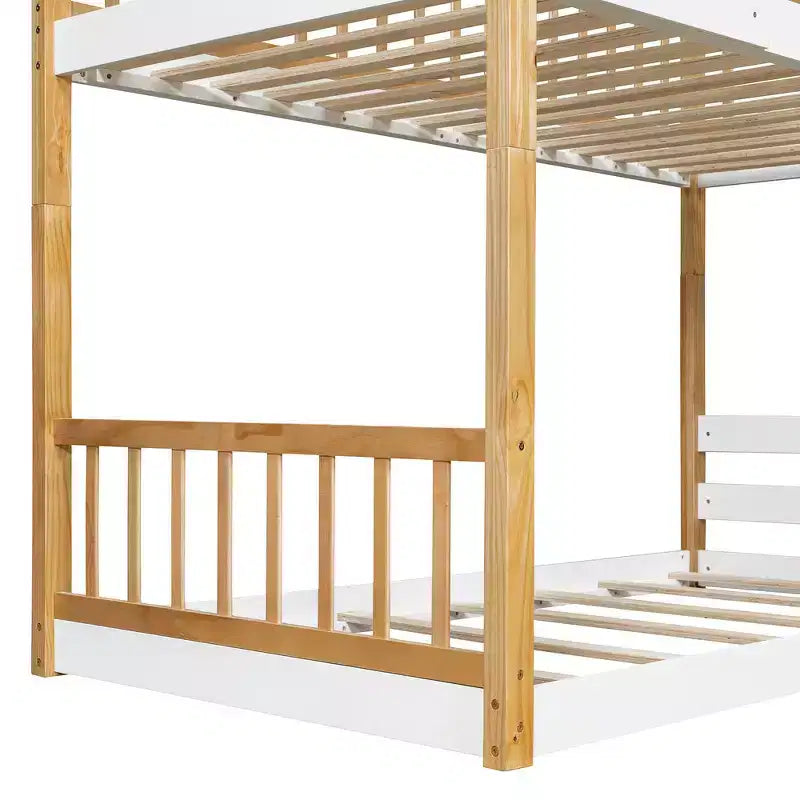 Lit superposé cabane jumeau sur jumeau avec toit, échelle sécurisée et rampes, pin naturel
