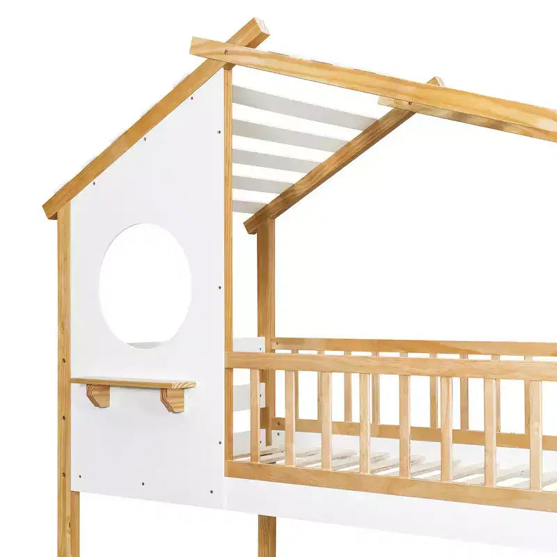 Lit superposé cabane jumeau sur jumeau avec toit, échelle sécurisée et rampes, pin naturel