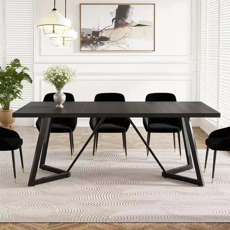 Table à manger moderne, plateau en MDF aspect bois grainé noir-brun et pieds en métal, 8 places assises