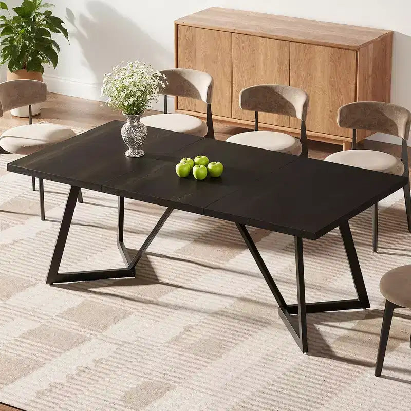 Table à manger moderne, plateau en MDF aspect bois grainé noir-brun et pieds en métal, 8 places assises