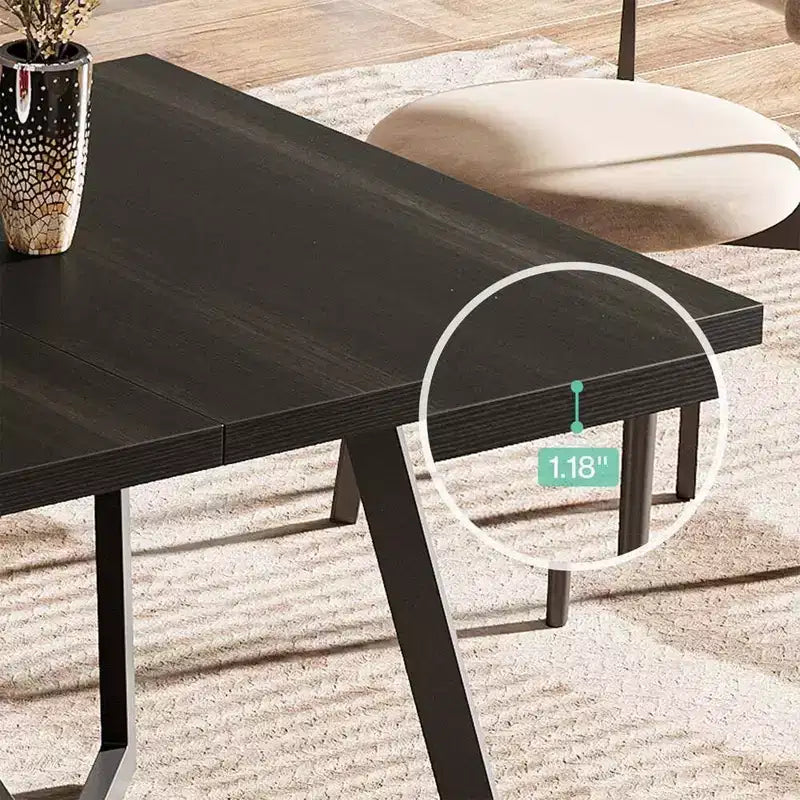 Table à manger moderne, plateau en MDF aspect bois grainé noir-brun et pieds en métal, 8 places assises