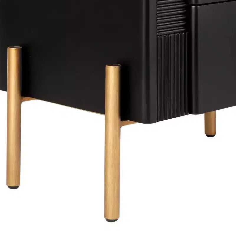 Table de chevet moderne minimaliste avec 2 tiroirs, poignées et pieds en métal doré, design texturé