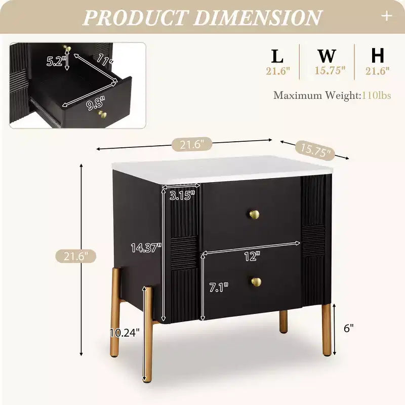 Table de chevet moderne minimaliste avec 2 tiroirs, poignées et pieds en métal doré, design texturé