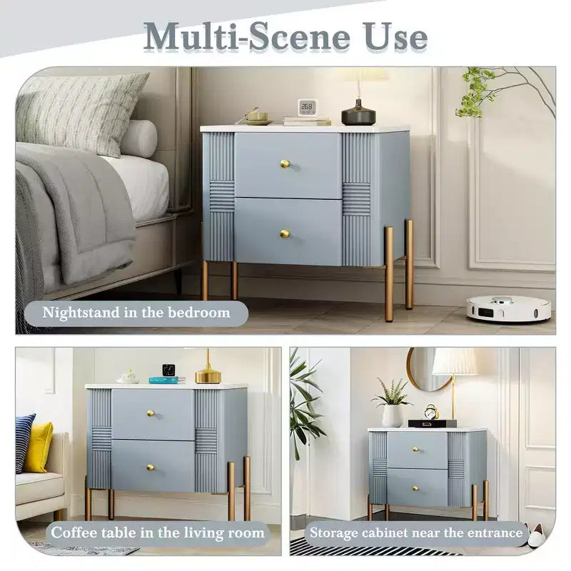 Table de chevet moderne minimaliste avec 2 tiroirs, poignées et pieds en métal doré, design texturé
