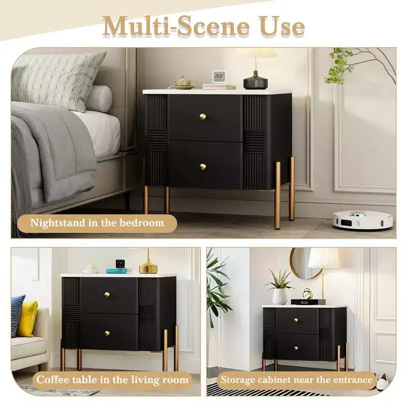 Table de chevet moderne minimaliste avec 2 tiroirs, poignées et pieds en métal doré, design texturé