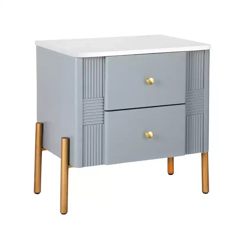 Table de chevet moderne minimaliste avec 2 tiroirs, poignées et pieds en métal doré, design texturé