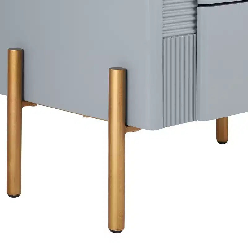 Table de chevet moderne minimaliste avec 2 tiroirs, poignées et pieds en métal doré, design texturé