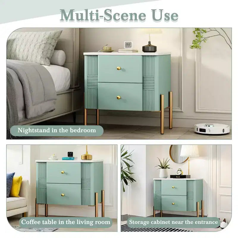 Table de chevet moderne minimaliste avec 2 tiroirs, poignées et pieds en métal doré, design texturé