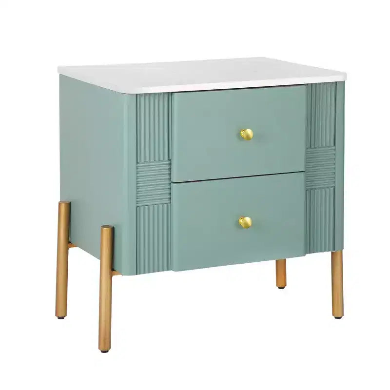 Table de chevet moderne minimaliste avec 2 tiroirs, poignées et pieds en métal doré, design texturé