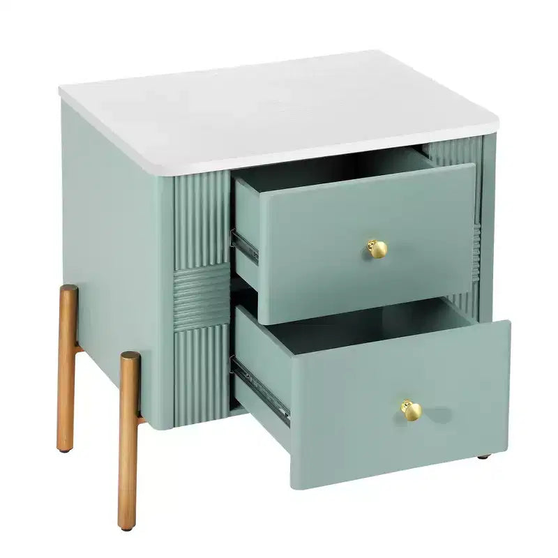 Table de chevet moderne minimaliste avec 2 tiroirs, poignées et pieds en métal doré, design texturé