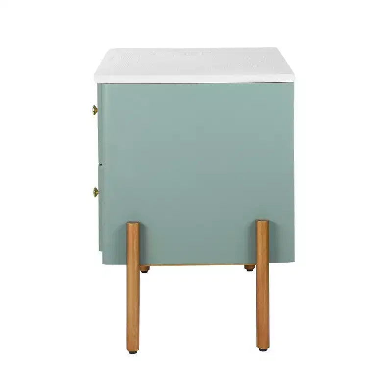 Table de chevet moderne minimaliste avec 2 tiroirs, poignées et pieds en métal doré, design texturé